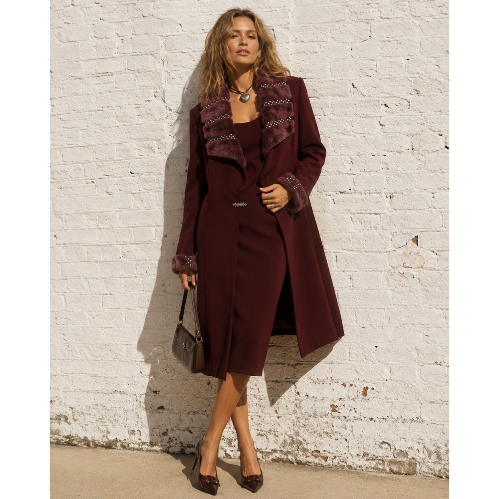Vintage Milano Burgundy Faux Fur Rhinestone Coat Pencil Skirt Set Mob Wife 12